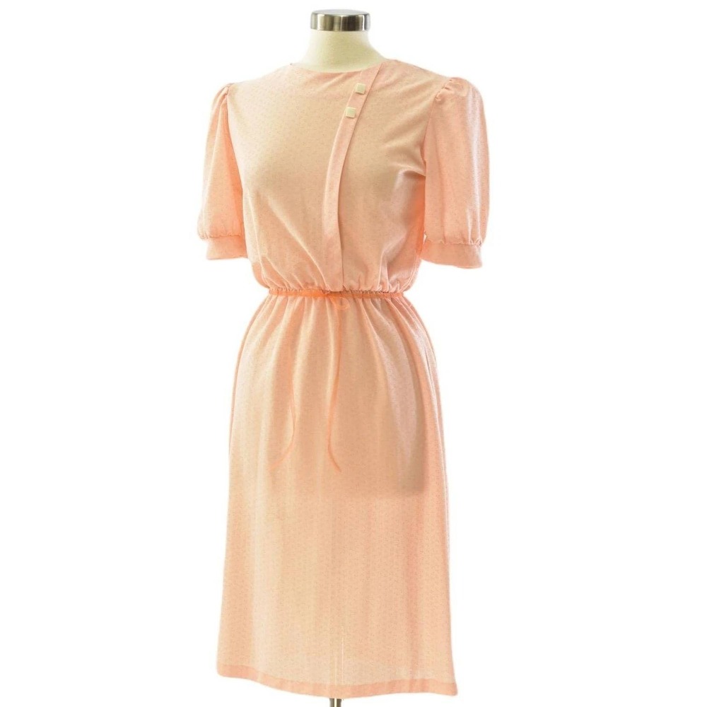 70s Vintage Puff Sleeve Blouson Dress Womens S Pastel Peach Sheer Cottagecore